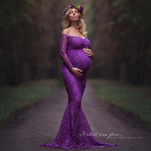 Women's Long Sleeve V Neck Lace Floral Maternity Gown Maxi Photography Dress PQ8927B
