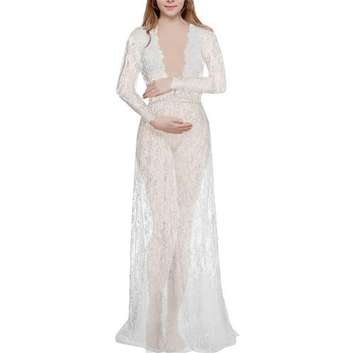 Women Pregnant Dress Sexy Deep V Neck Maternity Gown Lace See-through Elegant Long Dresses PQ9848A
