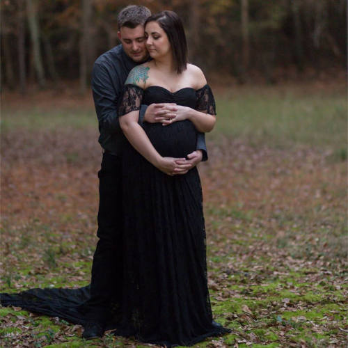 Black Maternity Low Cut Photography Dress Off Shoulder Ruffle Sleeve Lace Gowns Pregnant Women Bridesmaid Maxi Dresses PQ8919E