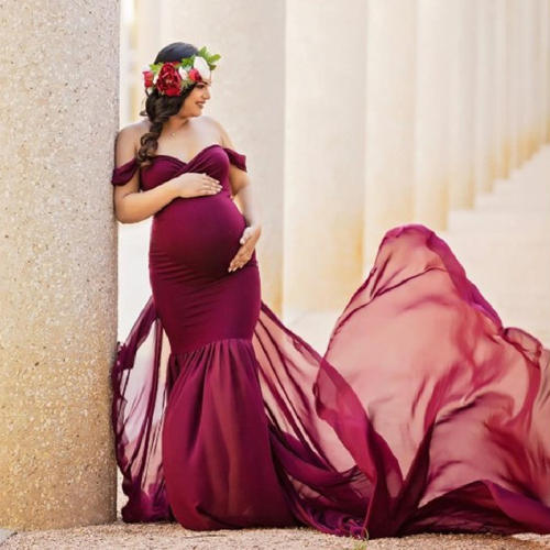 Wine Red Long Maternity Dress Elegant Pregnant Gown Off Shoulder Mesh Maxi Dresses Party Clothing PQ1869C