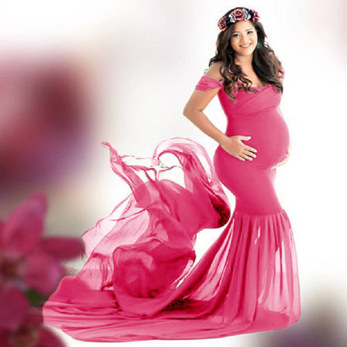 Rose Long Maternity Dress Elegant Pregnant Gown Off Shoulder Mesh Maxi Dresses Party Clothing PQ1869R