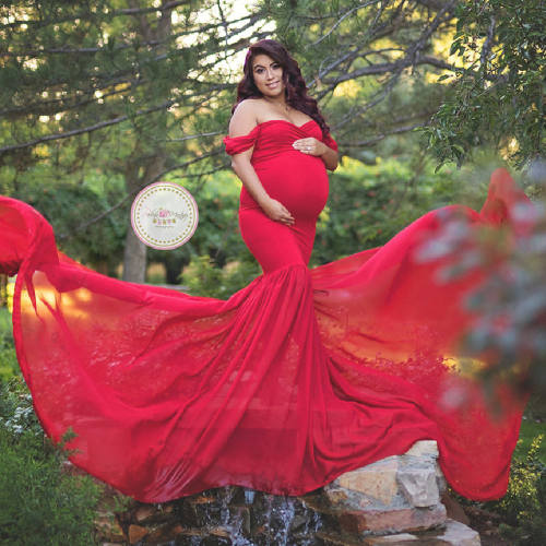 Red Long Maternity Dress Elegant Pregnant Gown Off Shoulder Mesh Maxi Dresses Party Clothing PQ1869K