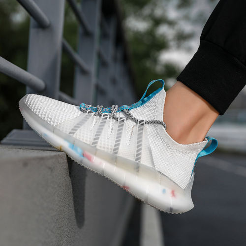 Wholesale fly weaving Men Lightweight Sneakers Breathable Mesh Running popcorn sole reflective Shoes MX-A07 size 39-46