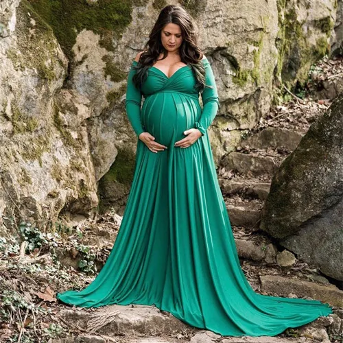 Green Sexy Maternity Dresses Pregnant Women Long Sleeve Baby Shower Dress Pregnancy Photography Props PQ1860E