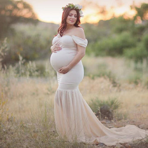 White Long Maternity Dress Elegant Pregnant Gown Off Shoulder Mesh Maxi Dresses Photography Party Clothing PQ1869A