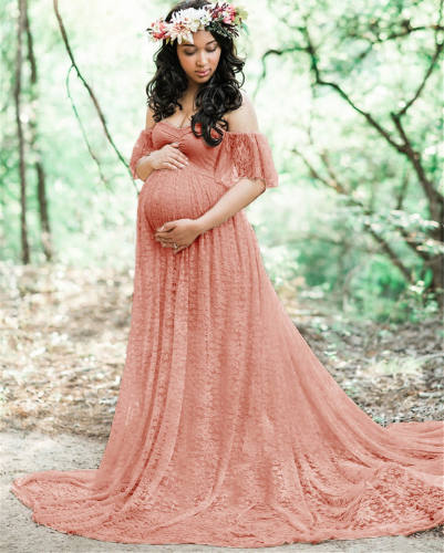 Purple Maternity Low Cut Photography Dress Off Shoulder Ruffle Sleeve Lace Gowns Pregnant Women Bridesmaid Maxi Dresses PQ8919D