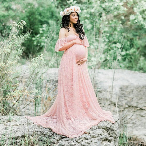 Pink Maternity Low Cut Photography Dress Off Shoulder Ruffle Sleeve Lace Gowns Pregnant Women Bridesmaid Maxi Dresses PQ8919B