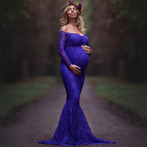 Floral Maternity Gown Maxi Photography Dress Women's Long Sleeve Lace Dresses PQ8927D