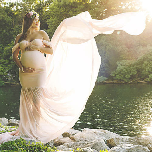 Beige Long Maternity Dress Elegant Pregnant Gown Off Shoulder Mesh Maxi Dresses Party Clothing PQ1869N