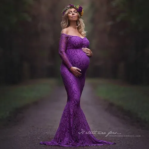 Women's Long Sleeve Lace Dresses Floral Maternity Gown Maxi Photography Dress PQ8927C