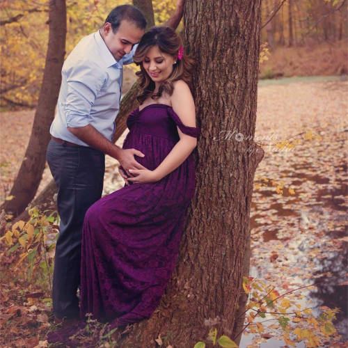 Purple Maternity Low Cut Photography Dress Off Shoulder Ruffle Sleeve Lace Gowns Pregnant Women Bridesmaid Maxi Dresses PQ8919D