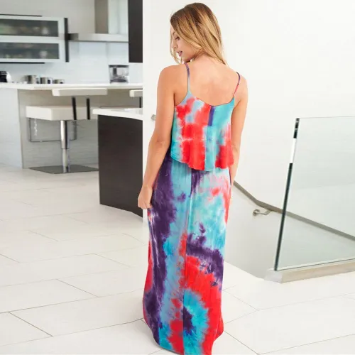 Red Summer Boho Dress Sexy Tie-dye Sleeveless Long Dress Bohemia Dresses PQLQ067B