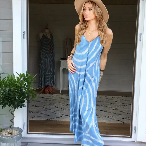 Blue Summer V-neck Strapless Boho Dress Tie-dyed Print Bohemian Dress PQLQ068B
