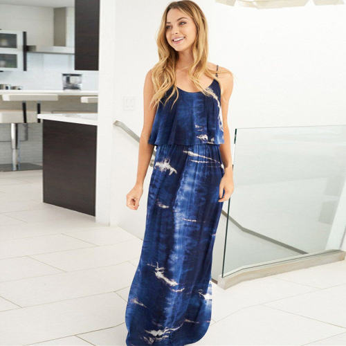 Blue Summer Boho Dress Sexy Tie-dye Sleeveless Long Dress Bohemia Dresses PQLQ067A