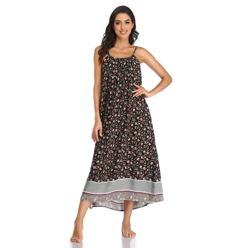 Floral Tie-Dyed Print Long Boho Dresses Sexy Sleeveless Bohemian Dress PQLQ013