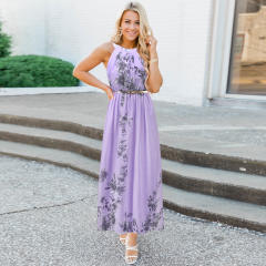 Purple Spring/Summer Maxi Dresses Fashion Floral Slim Chiffon Long Dress PQ2078A