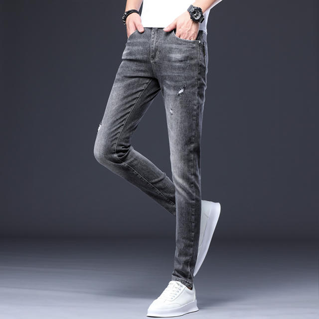 Grey Fashion Men Cotton Jeans Slim Spring Ripped Denim Pants PQYP302B