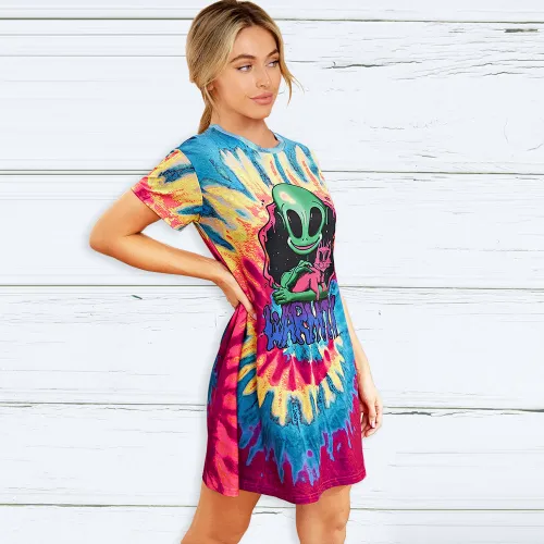 Purple Round Neck Casual Dresses Summer Alien Print Women's Short Sleeve T-shirt PQLQ057B