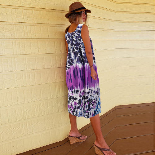 Purple Sleeveless Tie-dye A-line Casual Dresses Summer Midi Dress PQLQ069D