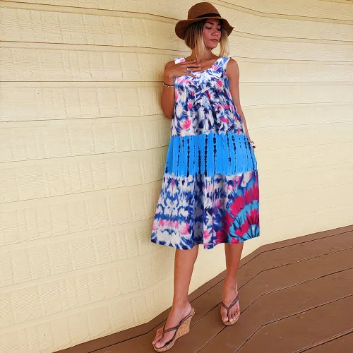Light Blue Summer Midi Dress Sleeveless Round Neck Tie-dye A-line Casual Dresses PQLQ069A