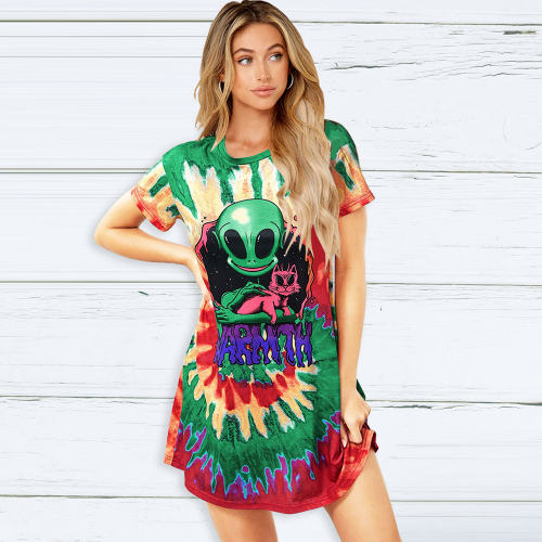 Green Round Neck Casual Dresses Summer Alien Print Women Short Sleeve T-shirt PQLQ057C