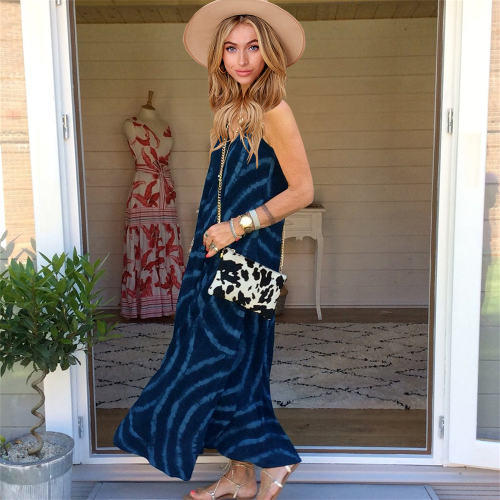 Black Summer V-neck Strapless Boho Dress Tie-dyed Print Bohemian Dress PQLQ068A