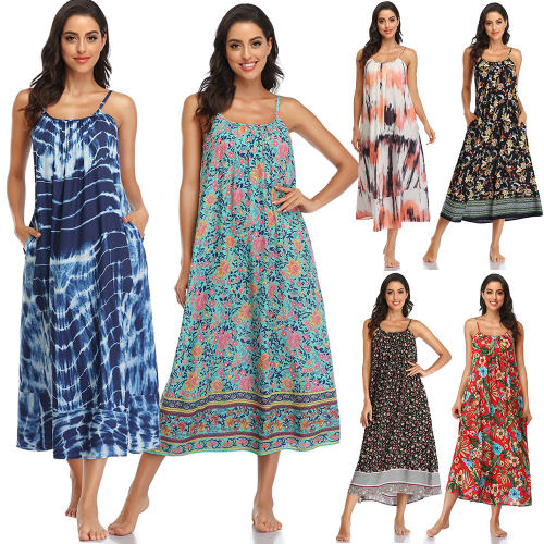 Floral Tie-Dyed Print Long Boho Dresses Sexy Sleeveless Bohemian Dress PQLQ013