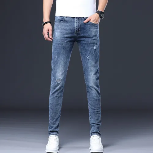 Blue Fashion Men Cotton Jeans Slim Spring Ripped Denim Pants PQYP302A