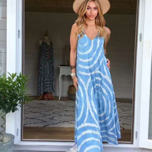 Blue Summer V-neck Strapless Boho Dress Tie-dyed Print Bohemian Dress PQLQ068B