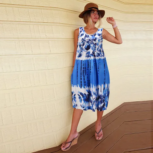 Blue Sleeveless Tie-dye A-line Casual Dresses Summer Midi Dress PQLQ069C