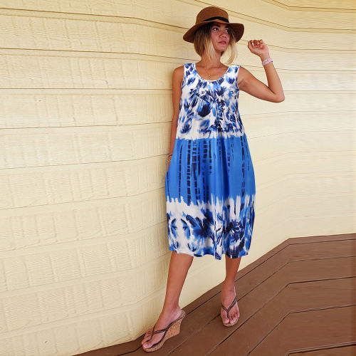 Blue Sleeveless Tie-dye A-line Casual Dresses Summer Midi Dress PQLQ069C
