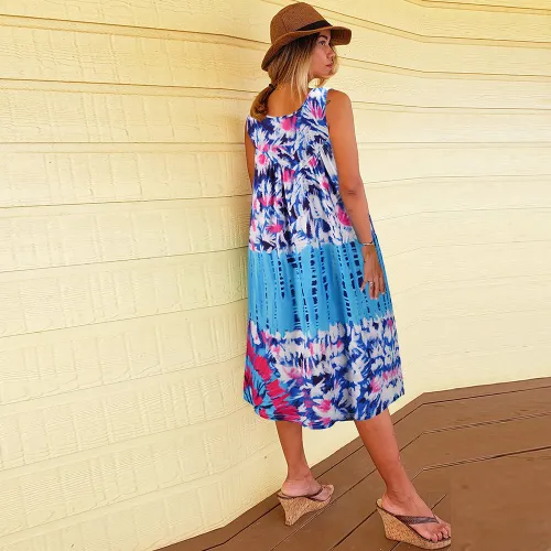 Light Blue Summer Midi Dress Sleeveless Round Neck Tie-dye A-line Casual Dresses PQLQ069A