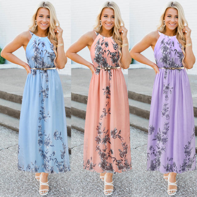 Blue Spring/Summer Maxi Dresses Fashion Floral Slim Chiffon Long Dress PQ2078C