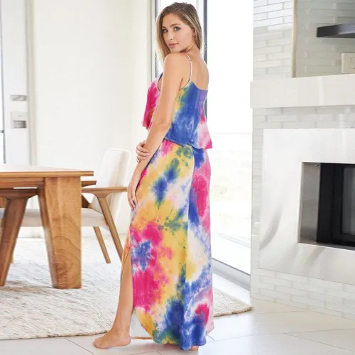 Pink Summer Boho Dress Sexy Tie-dye Sleeveless Long Dress Bohemia Dresses PQLQ067C