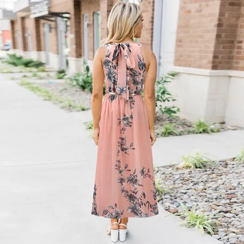 Pink Spring/Summer Maxi Dresses Fashion Floral Slim Chiffon Long Dress PQ2078B