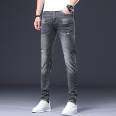 Grey Fashion Men Cotton Jeans Slim Spring Ripped Denim Pants PQYP302B