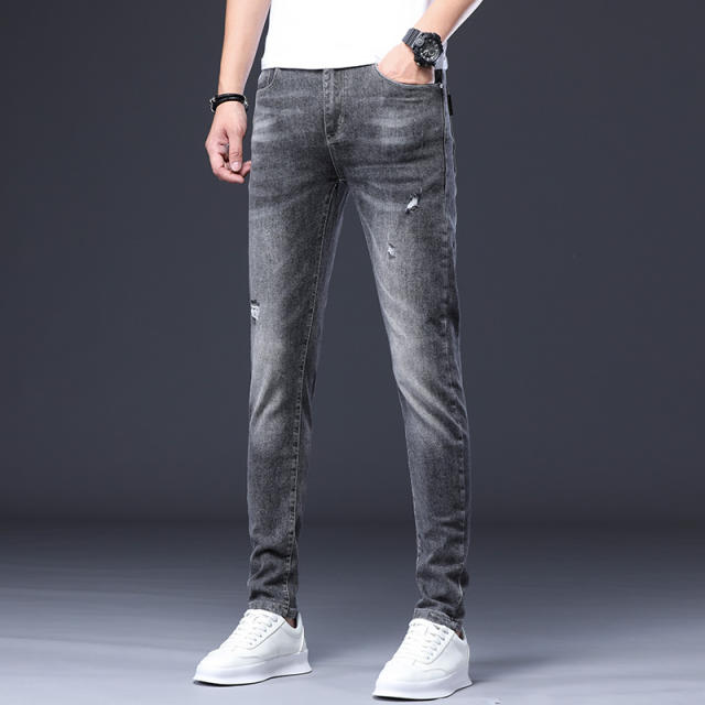 Grey Fashion Men Cotton Jeans Slim Spring Ripped Denim Pants PQYP302B