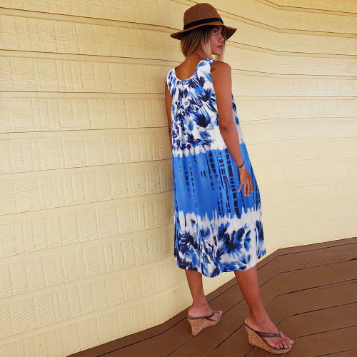 Blue Sleeveless Tie-dye A-line Casual Dresses Summer Midi Dress PQLQ069C