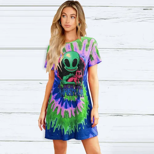 Blue Round Neck Casual Dresses Summer Alien Print Women's Short Sleeve T-shirt PQLQ057A