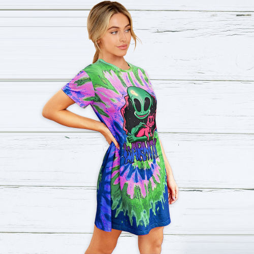 Blue Round Neck Casual Dresses Summer Alien Print Women's Short Sleeve T-shirt PQLQ057A