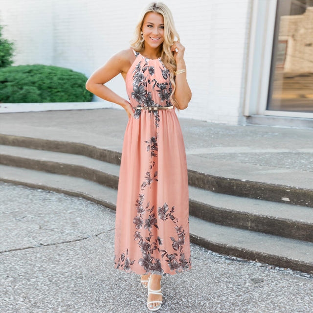 Pink Spring/Summer Maxi Dresses Fashion Floral Slim Chiffon Long Dress PQ2078B