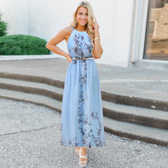 Blue Spring/Summer Maxi Dresses Fashion Floral Slim Chiffon Long Dress PQ2078C