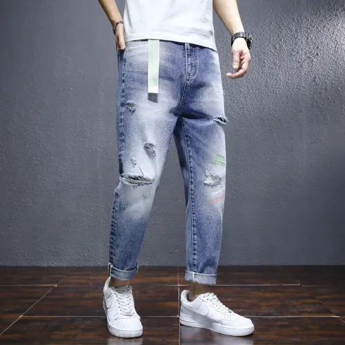 Men's Ripped Jeans Blue Loose Harem Pants Youth Trend Beggar Pants PQ8633A