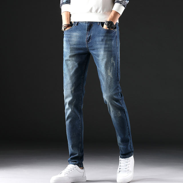 Blue Denim Pants Spring Fashion Jeans Men Casual Ripped Cropped Trousers PQYP839