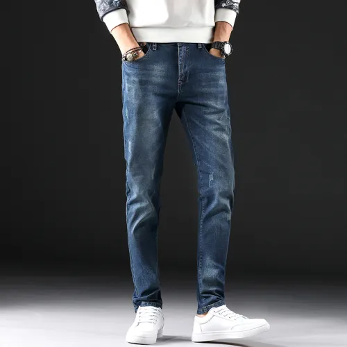 Blue Denim Pants Spring Fashion Jeans Men Casual Ripped Cropped Trousers PQYP839