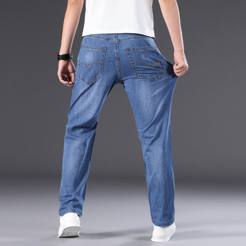 Light Blue Plus Size Denim Pants Men Mature Jeans Summer Casual Trousers PQ301A