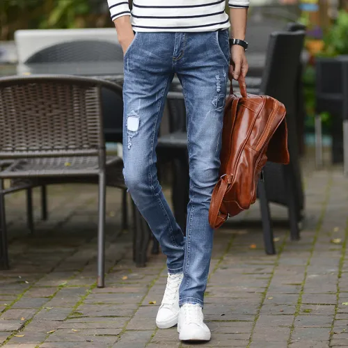 Blue Fashion Patch Washed Jeans Men Denim Pants Casual Ripped Cropped Trousers PQYP840