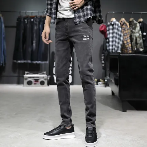 Dark Grey Fashion Letter Print Jeans Men Denim Pants Casual Trousers PQYP2839