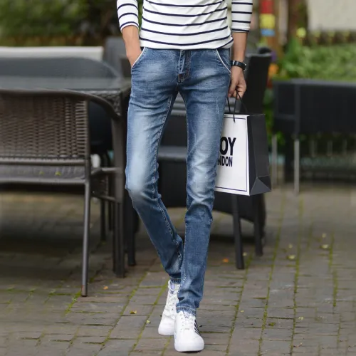 Blue Spring Fashion Jeans Men Denim Pants Casual Ripped Cropped Trousers PQYP833