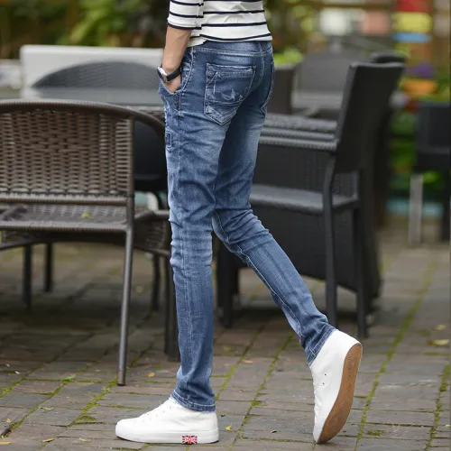 Blue Fashion Patch Washed Jeans Men Denim Pants Casual Ripped Cropped Trousers PQYP840